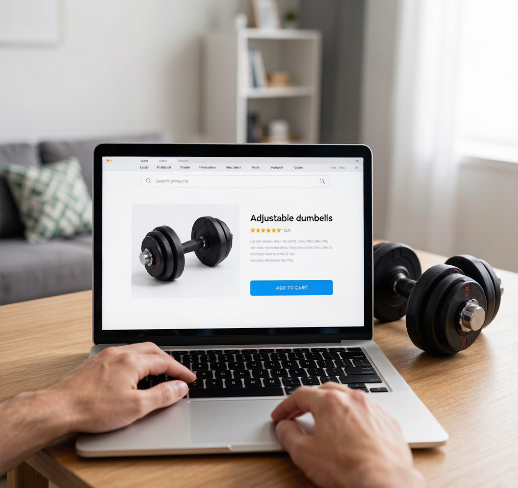 Open laptop Amazon adjustable dumbbells shopping page