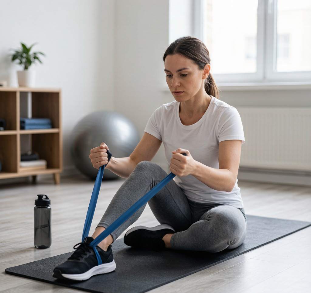 Person doing leg rehab with resistance band on mat