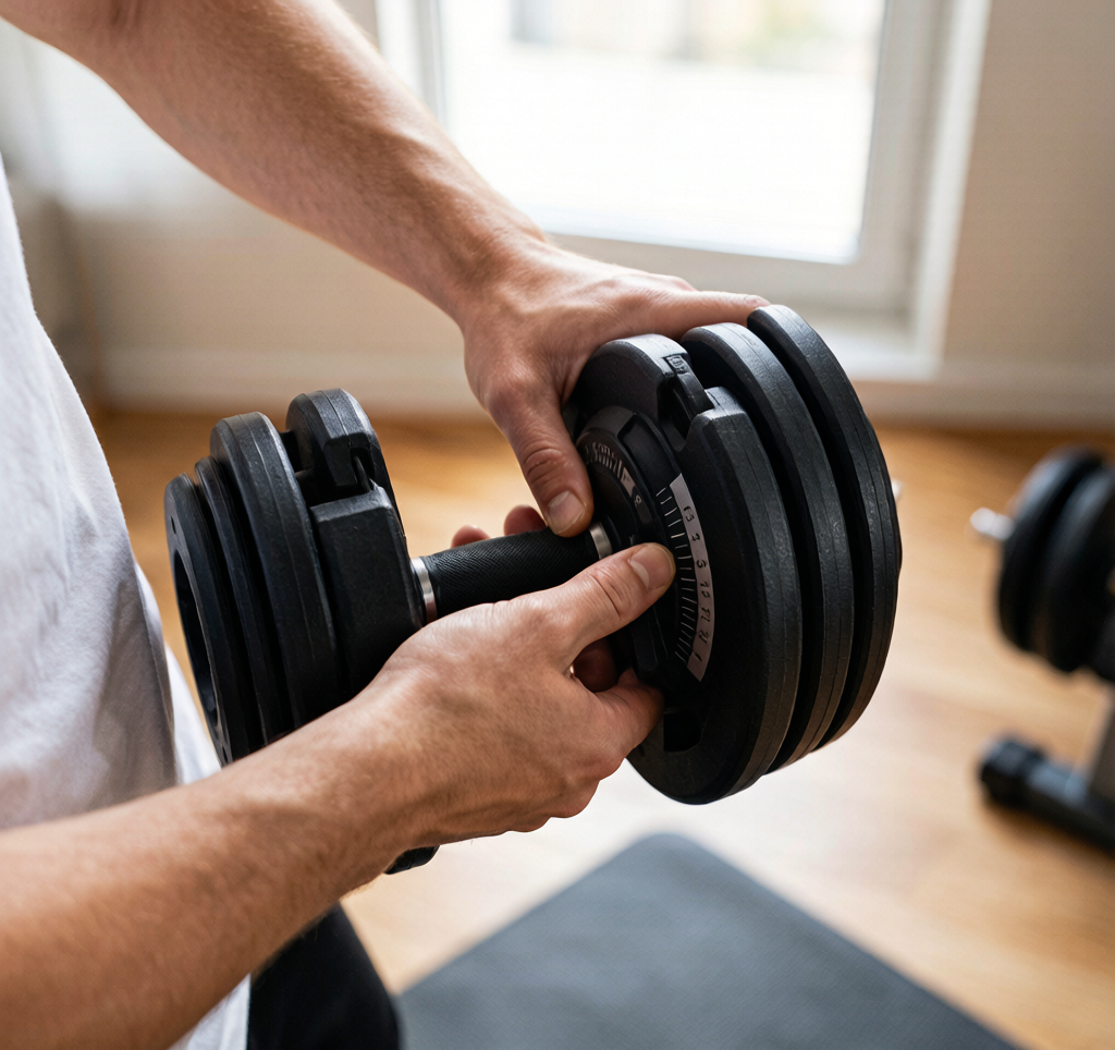 Person holding adjustable dumbbell