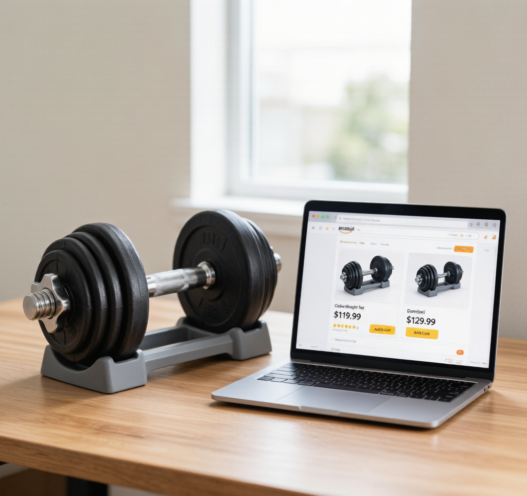 Laptop showing Amazon with adjustable dumbbells
