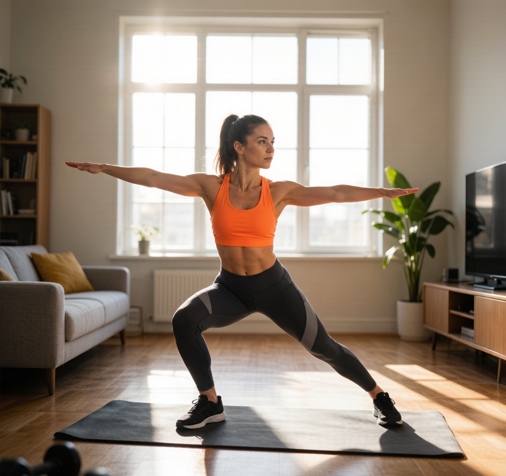 Woman doing morning exercise in living room sunlight