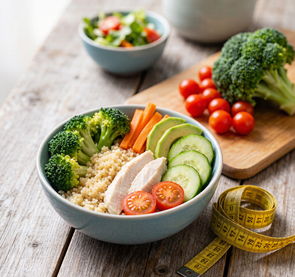 Healthy food bowl with vegetables and measuring tape