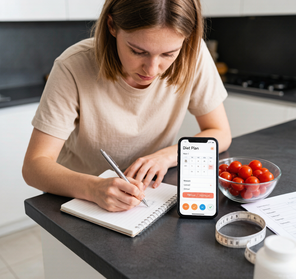 Person writing meal plan with phone calorie app
