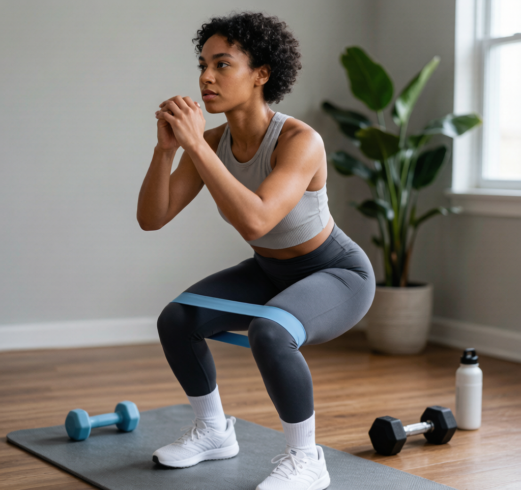 Person using resistance band for squats home gym