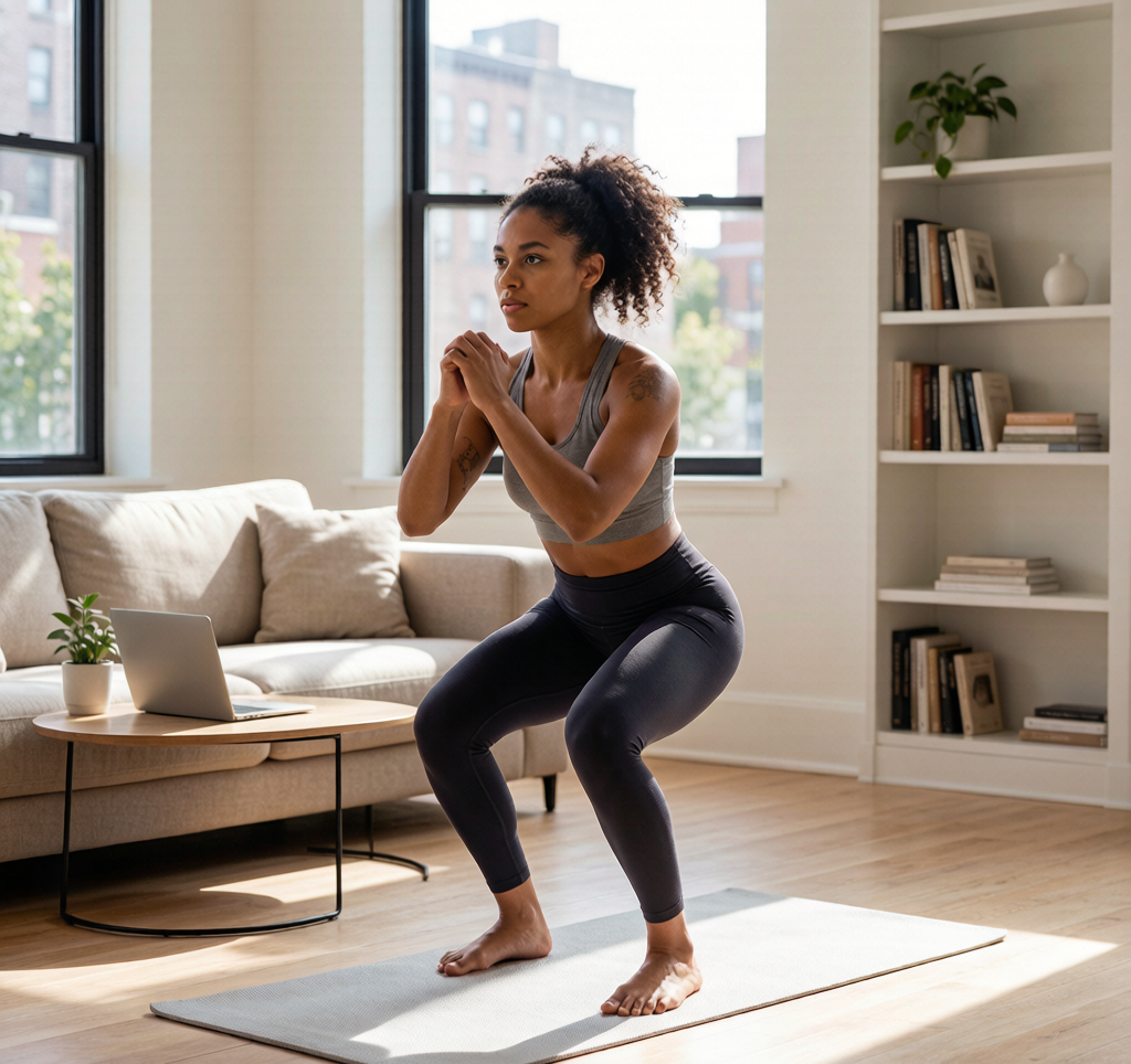 Person doing bodyweight squat at home living room