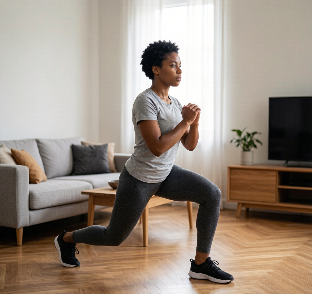 Person doing lunges bodyweight exercise at home
