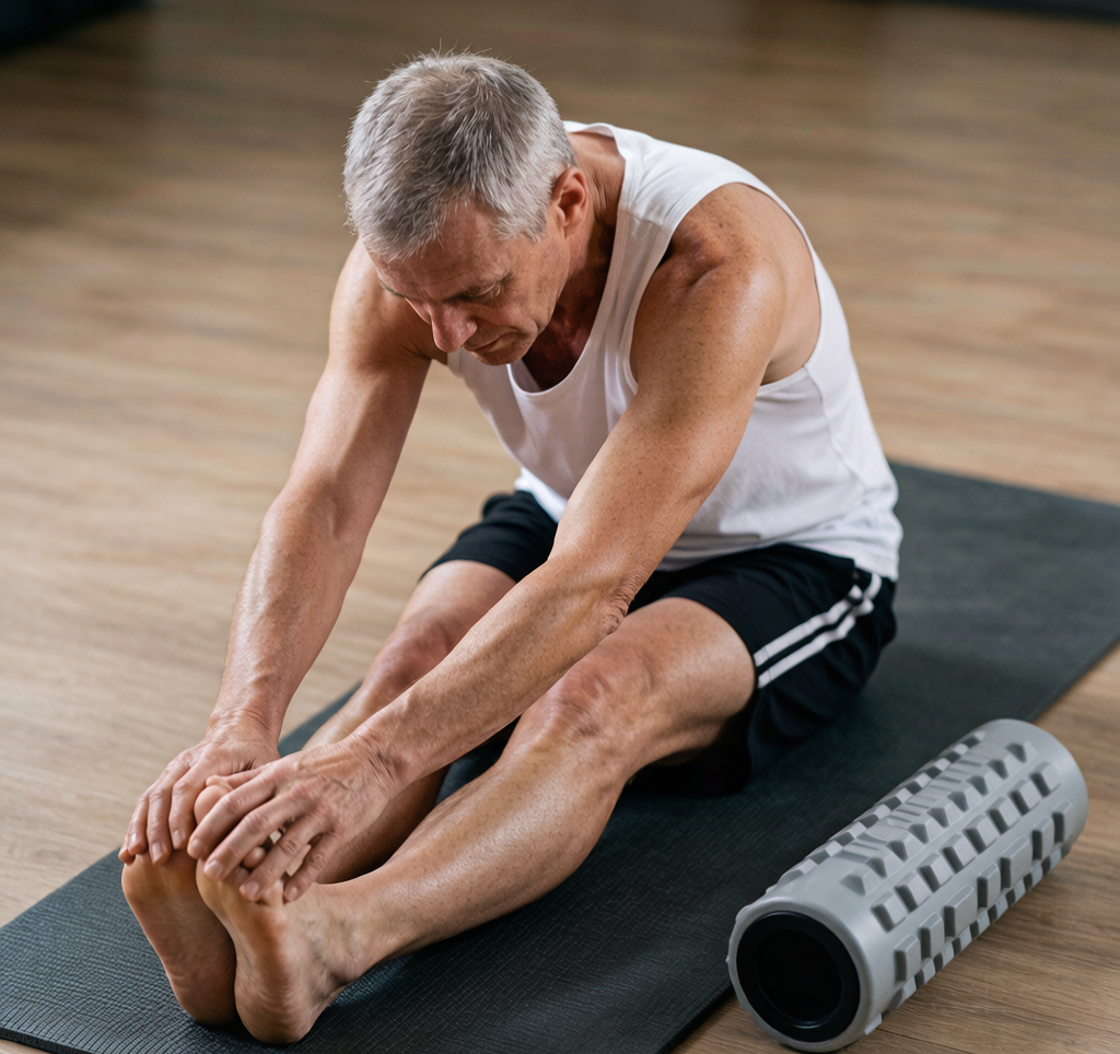 Person stretching legs after workout with foam roller