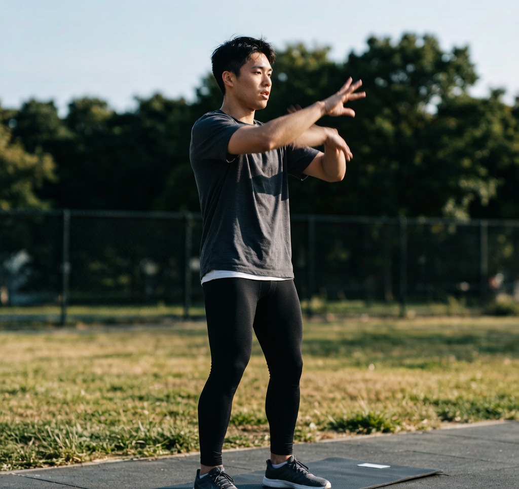 Person doing dynamic arm circles warmup