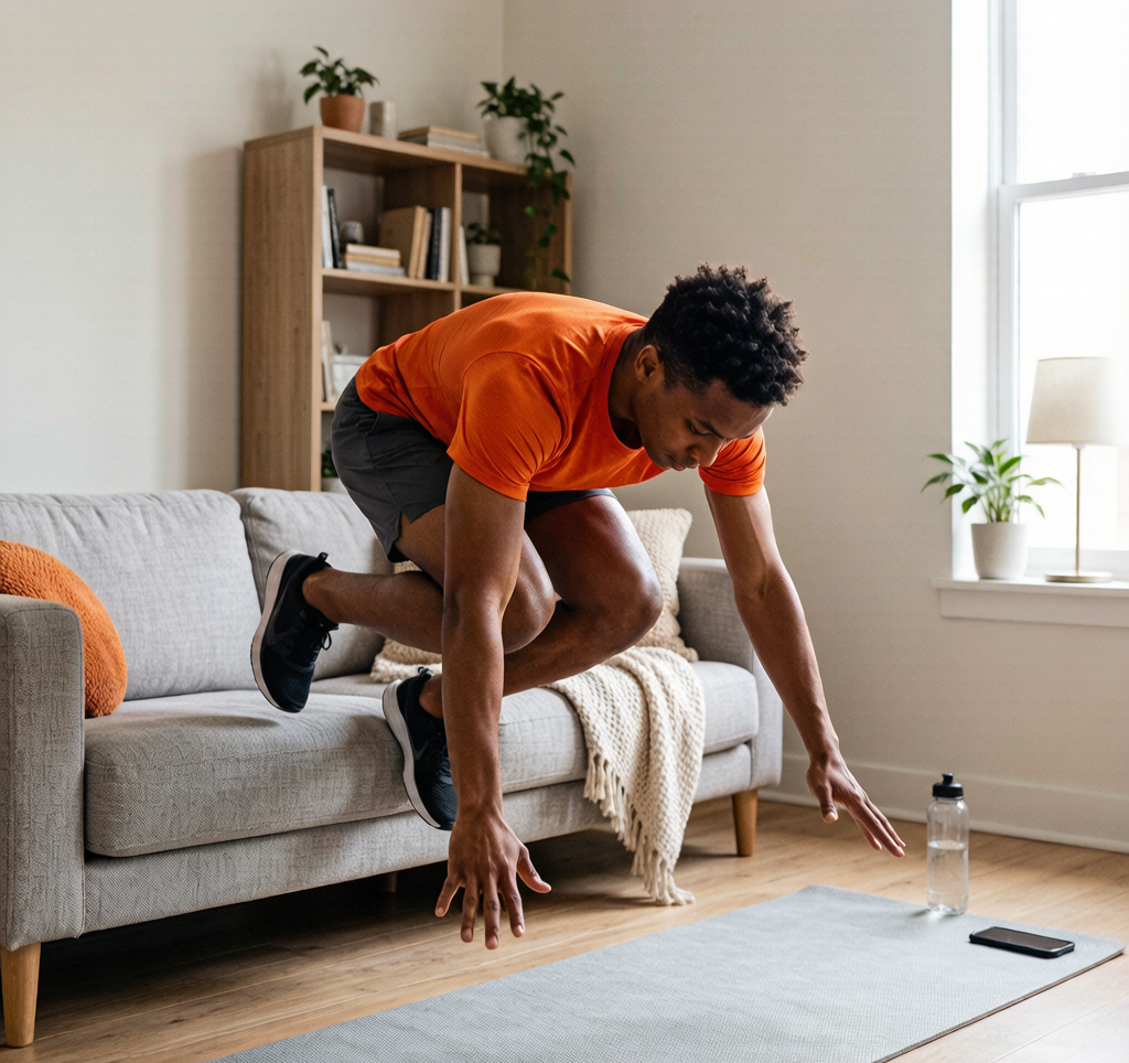 Person doing burpee exercise at home dynamic movement