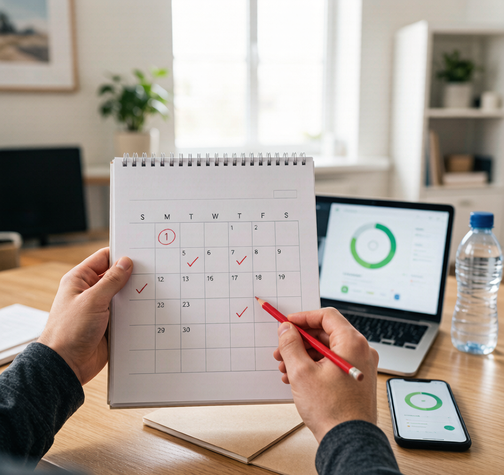 Calendar with workout checkmarks and smartphone