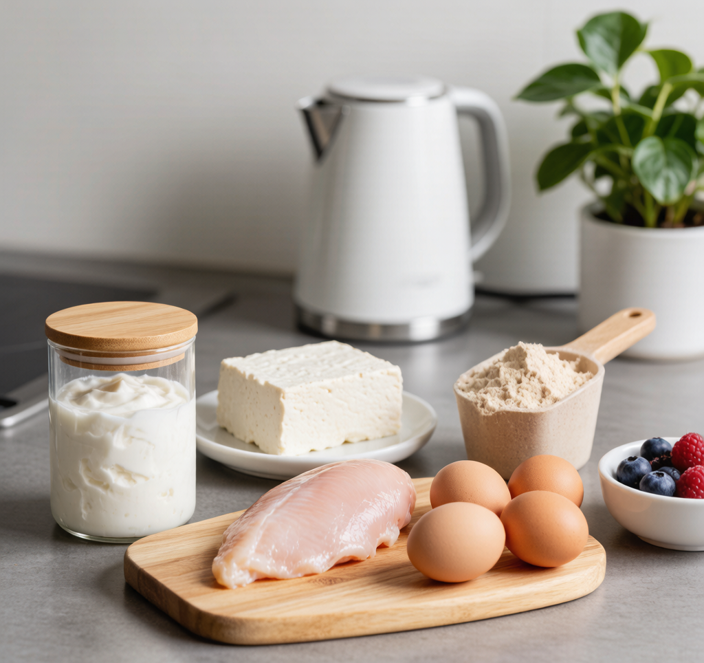 Assorted high-protein foods chicken eggs yogurt tofu