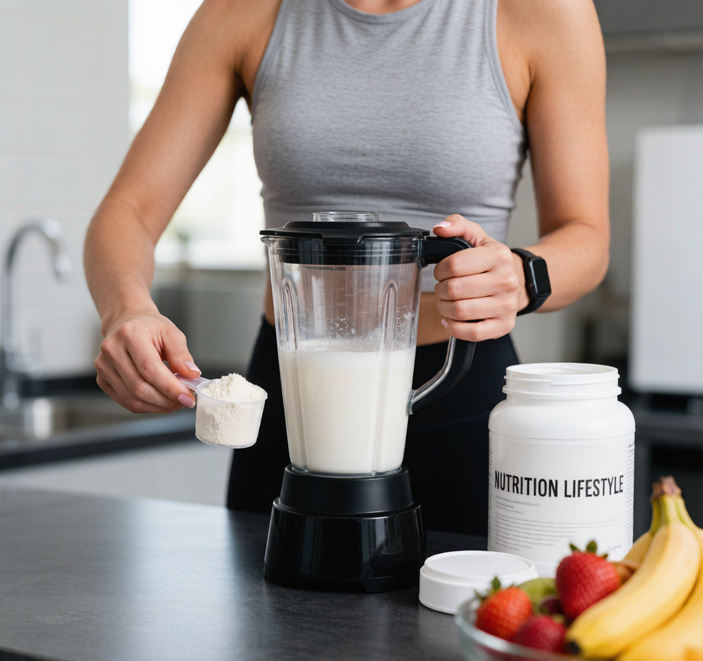 Person making protein shake in kitchen blender