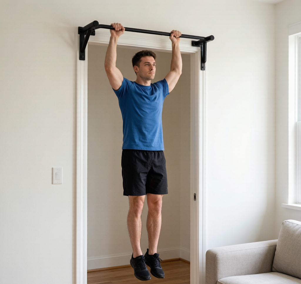 Person doing dead hang on pull-up bar doorway