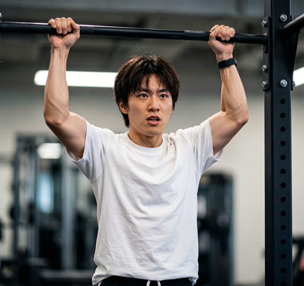Person doing negative pull-up controlled lowering