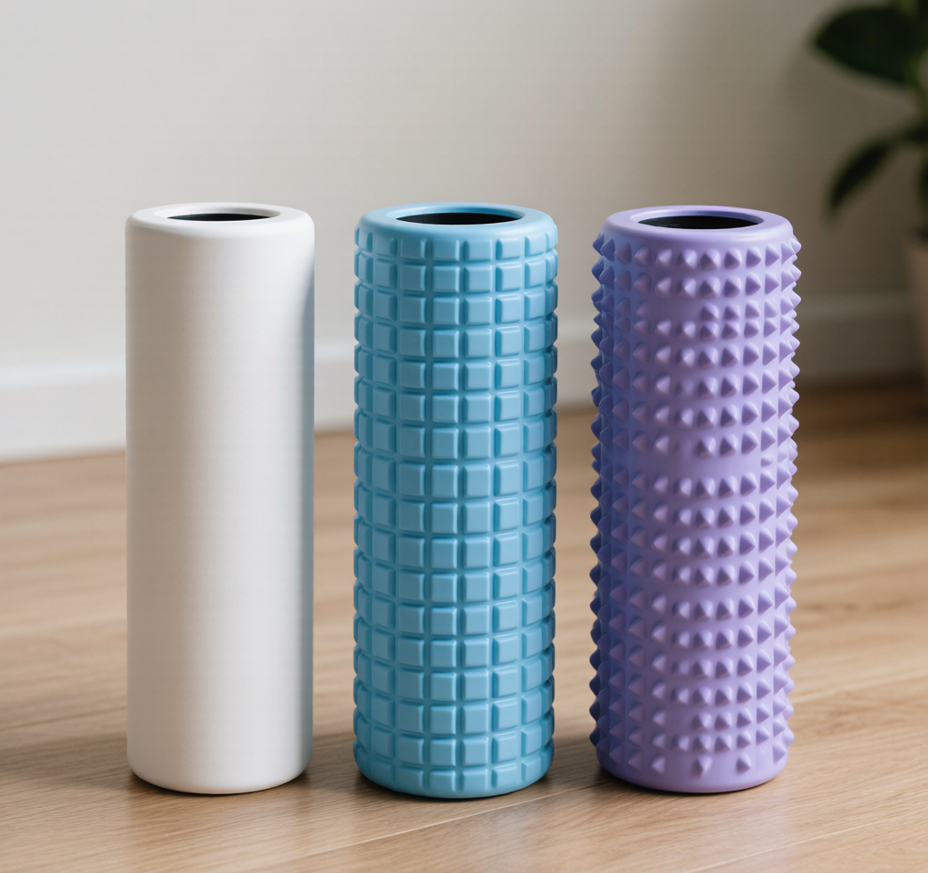 Three foam rollers smooth grid spiky textures