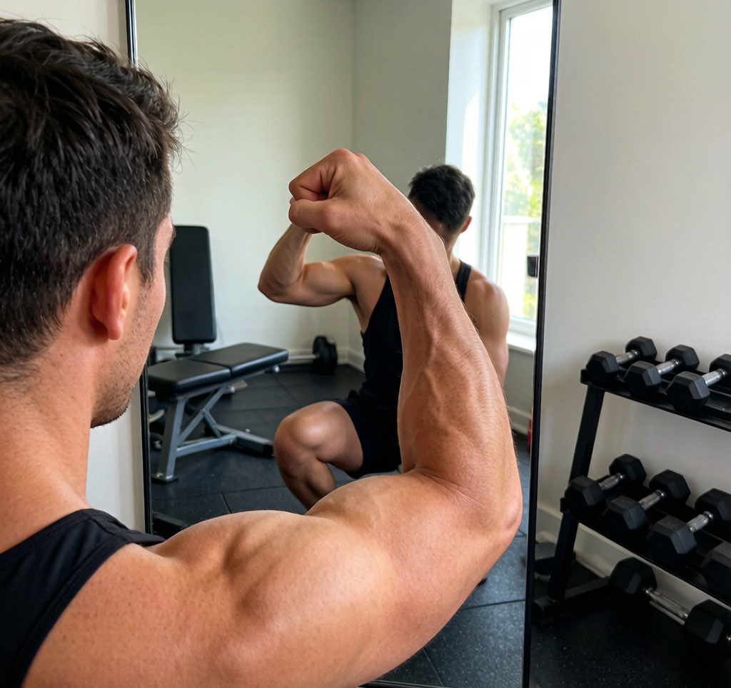 Person flexing arm muscle in mirror