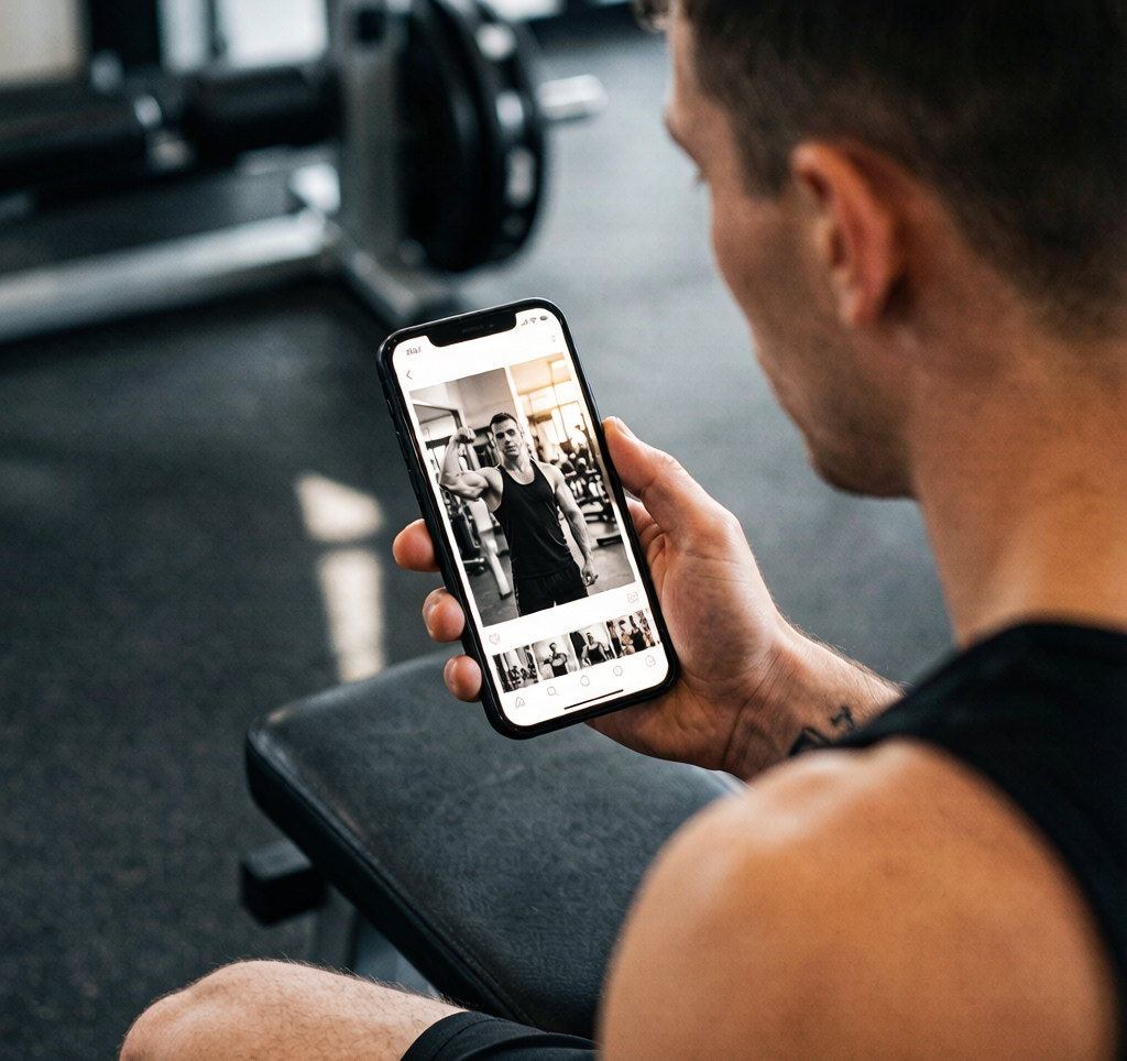 Looking at old workout photos on phone