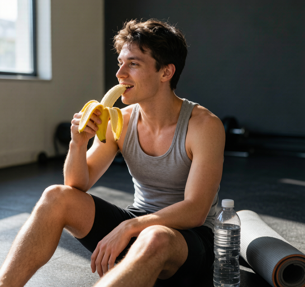 Person eating banana before workout gym clothes