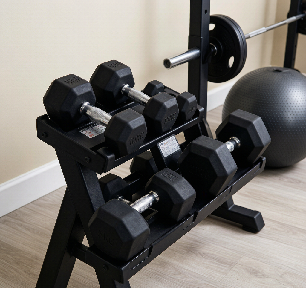 Rubber hex dumbbells set on rack home gym organized