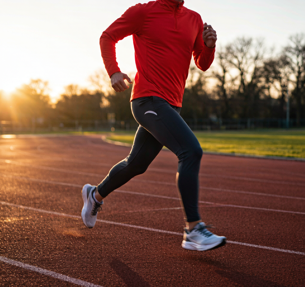 Person jogging on running track sunrise