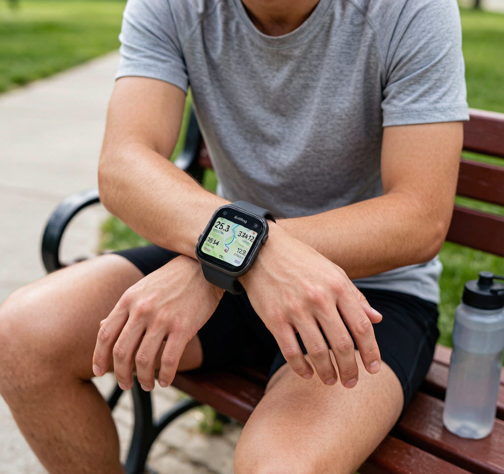 Runner checking smartwatch for pace data