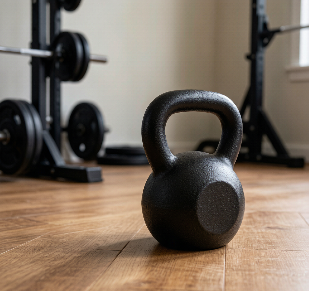Cast iron kettlebell on wooden floor home gym