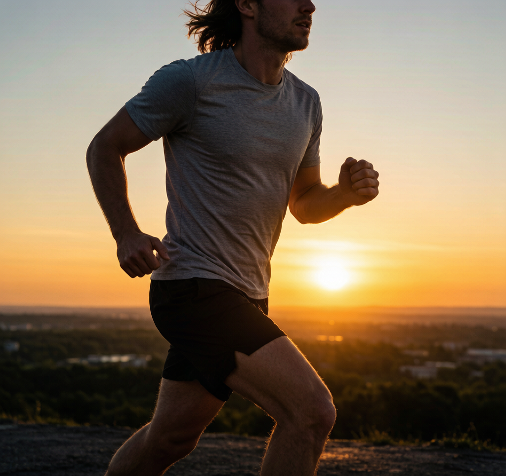 Running outdoors at golden hour evening sunset