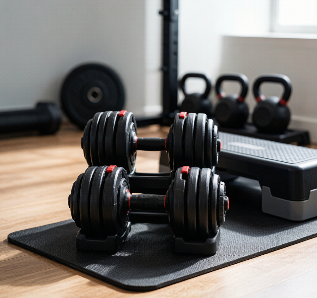Adjustable dumbbells on mat home gym setup