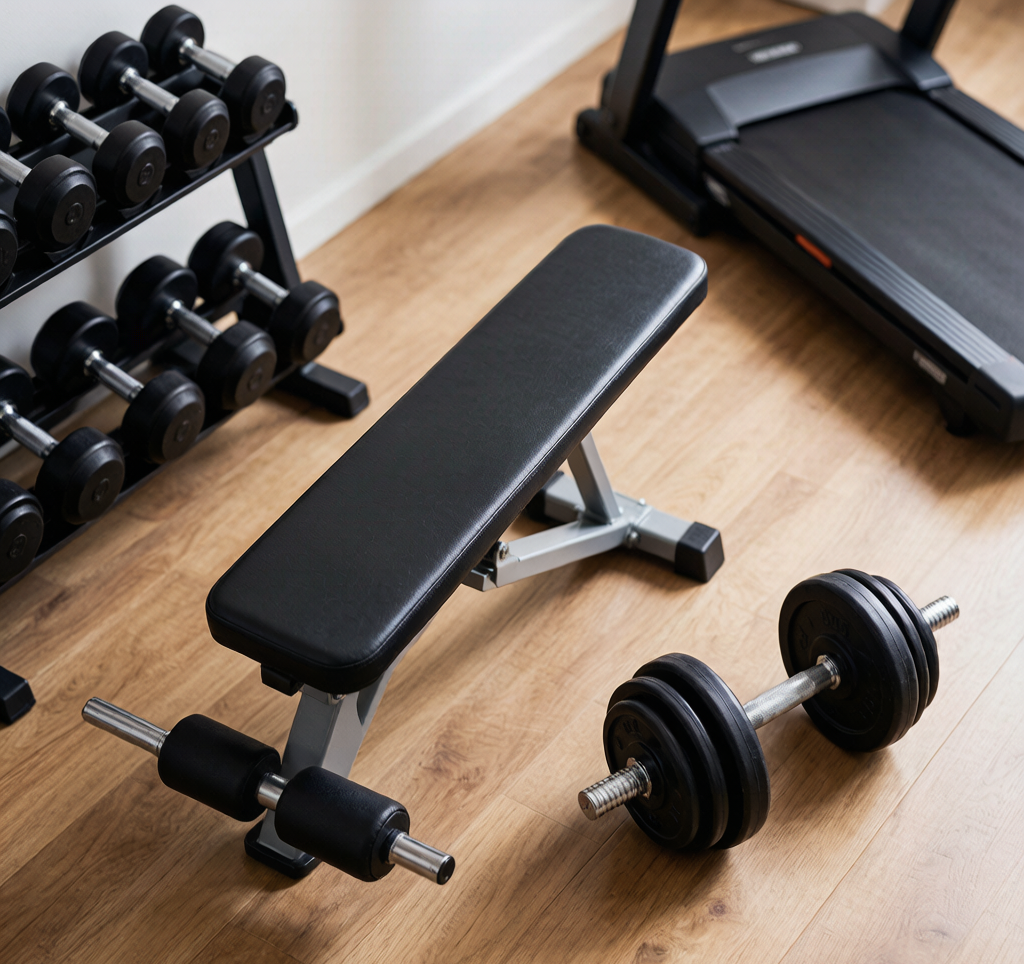 Dumbbell and weight bench row setup home gym