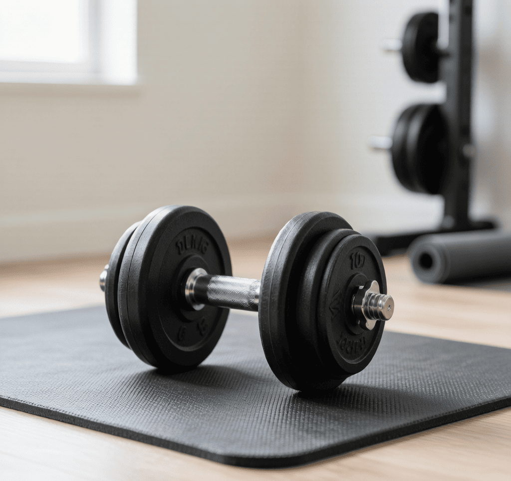 Adjustable dumbbells on a home gym mat