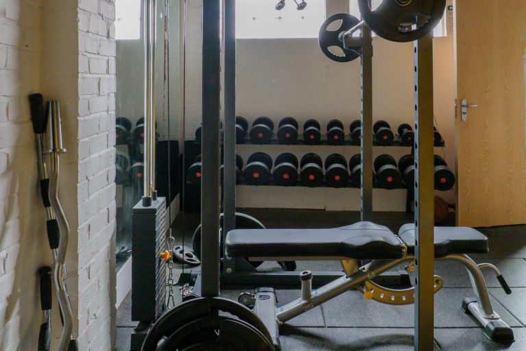 Home gym power rack with weight bench and barbell