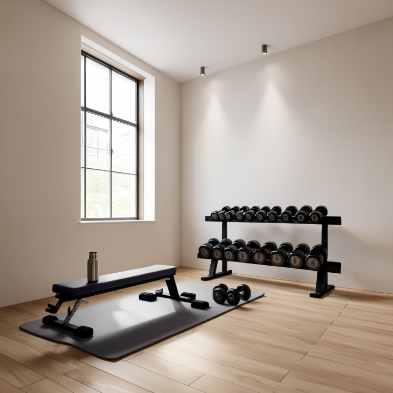 A pair of adjustable dumbbells on a rack next to a sturdy weight bench in a bright home workout space