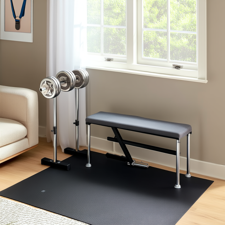 Quiet home gym setup in a small apartment corner with adjustable dumbbells, a folding bench, and a rubber mat