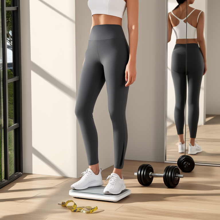 A person in athletic clothing stands on a body-weight scale next to a full-length mirror, with dumbbells and a tape measure nearby
