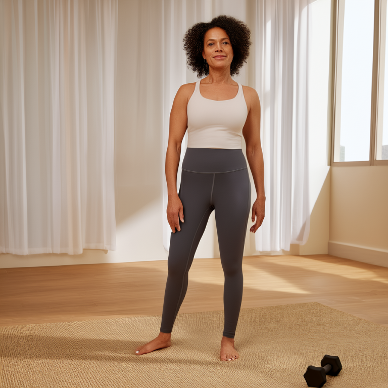 Woman over 40 smiling while holding dumbbells in a bright home workout space