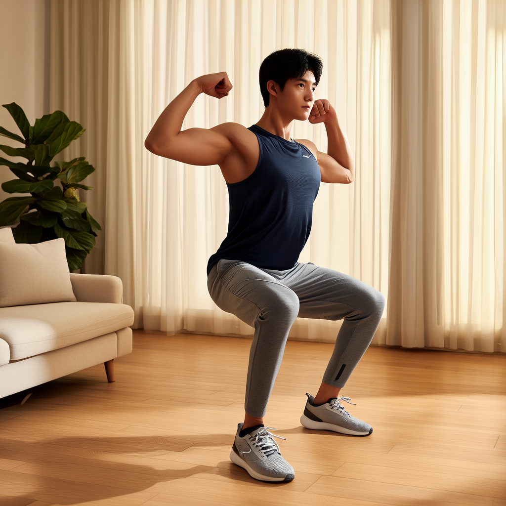 Beginner performing a bodyweight squat at home with focused form