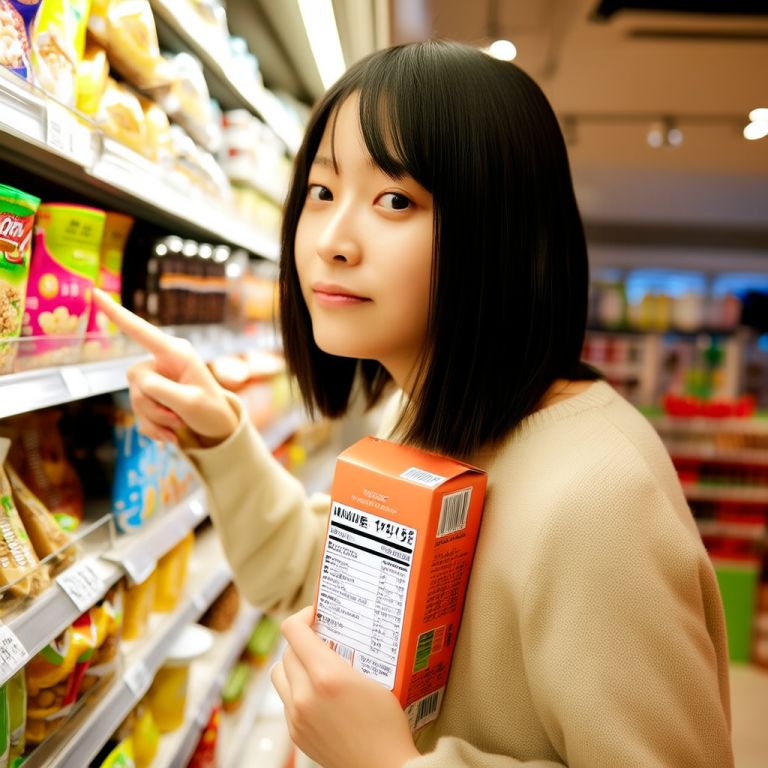 A shopper in a grocery store aisle reading the nutrition label on the back of a food package