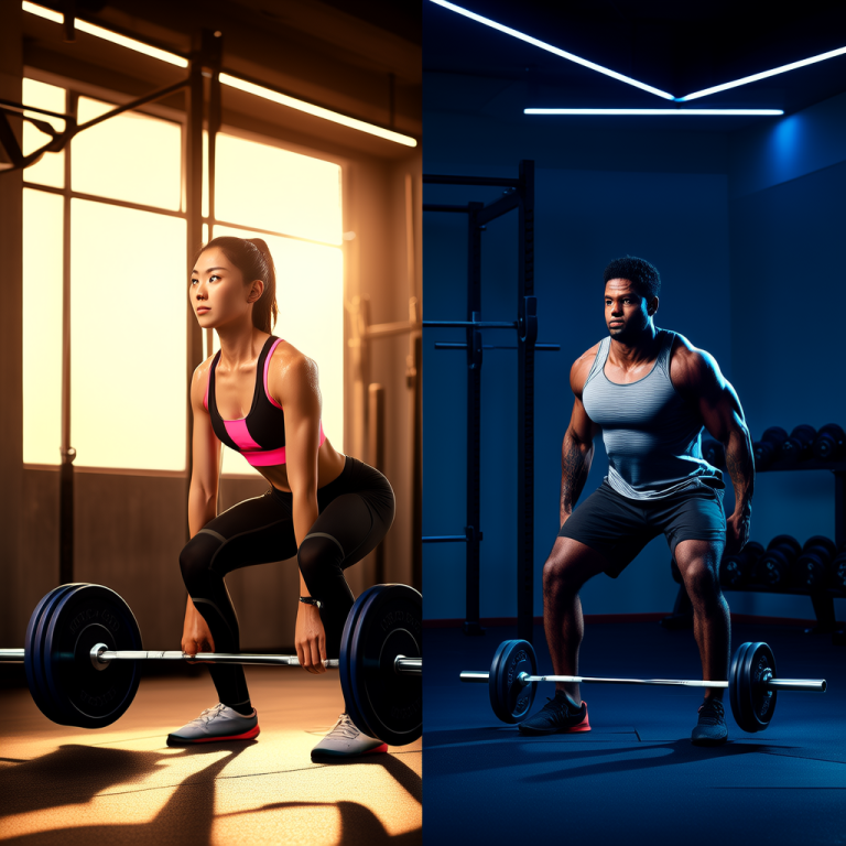Split screen of a person lifting weights in a bright morning gym and another person training in an evening gym