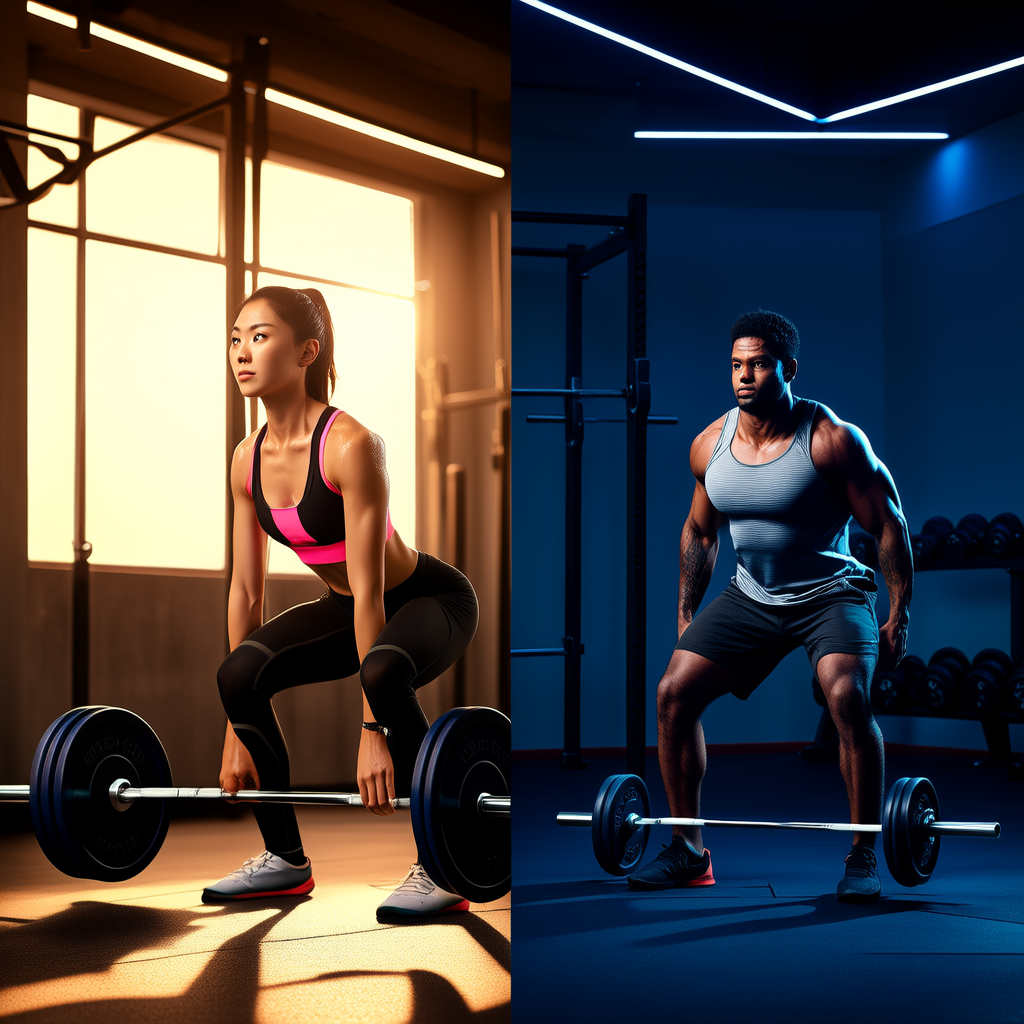 Split screen of a person lifting weights in a bright morning gym and another person training in an evening gym