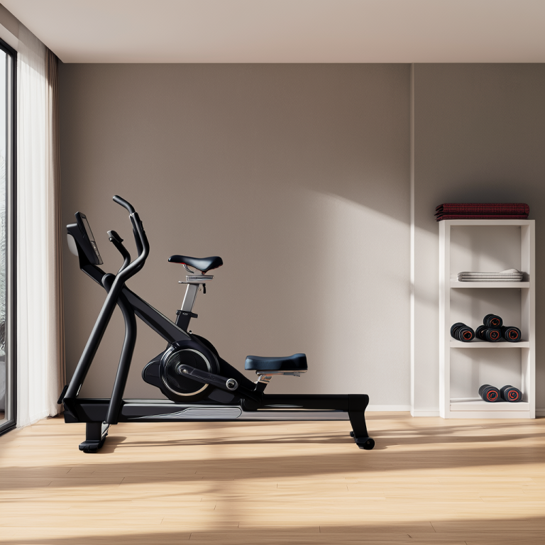 A rowing machine and an exercise bike placed side by side in a bright home gym