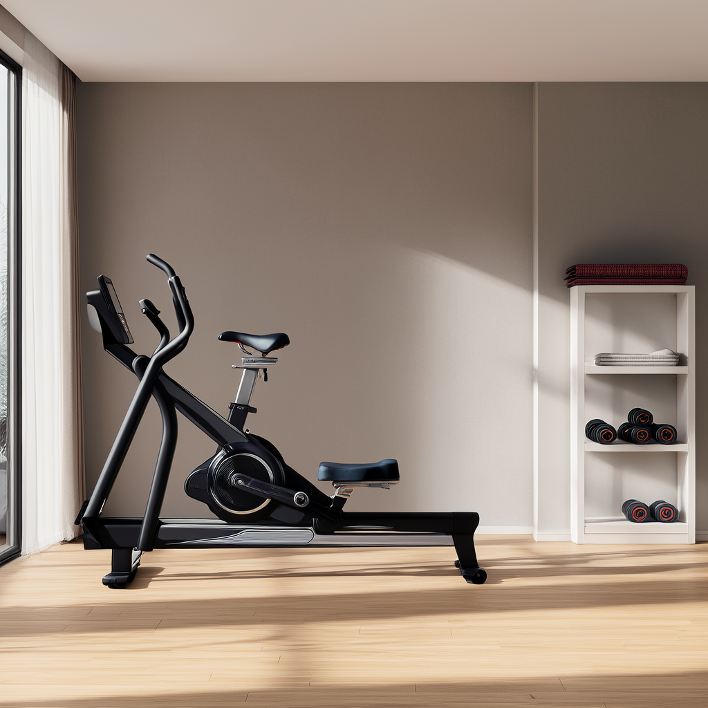A rowing machine and an exercise bike placed side by side in a bright home gym