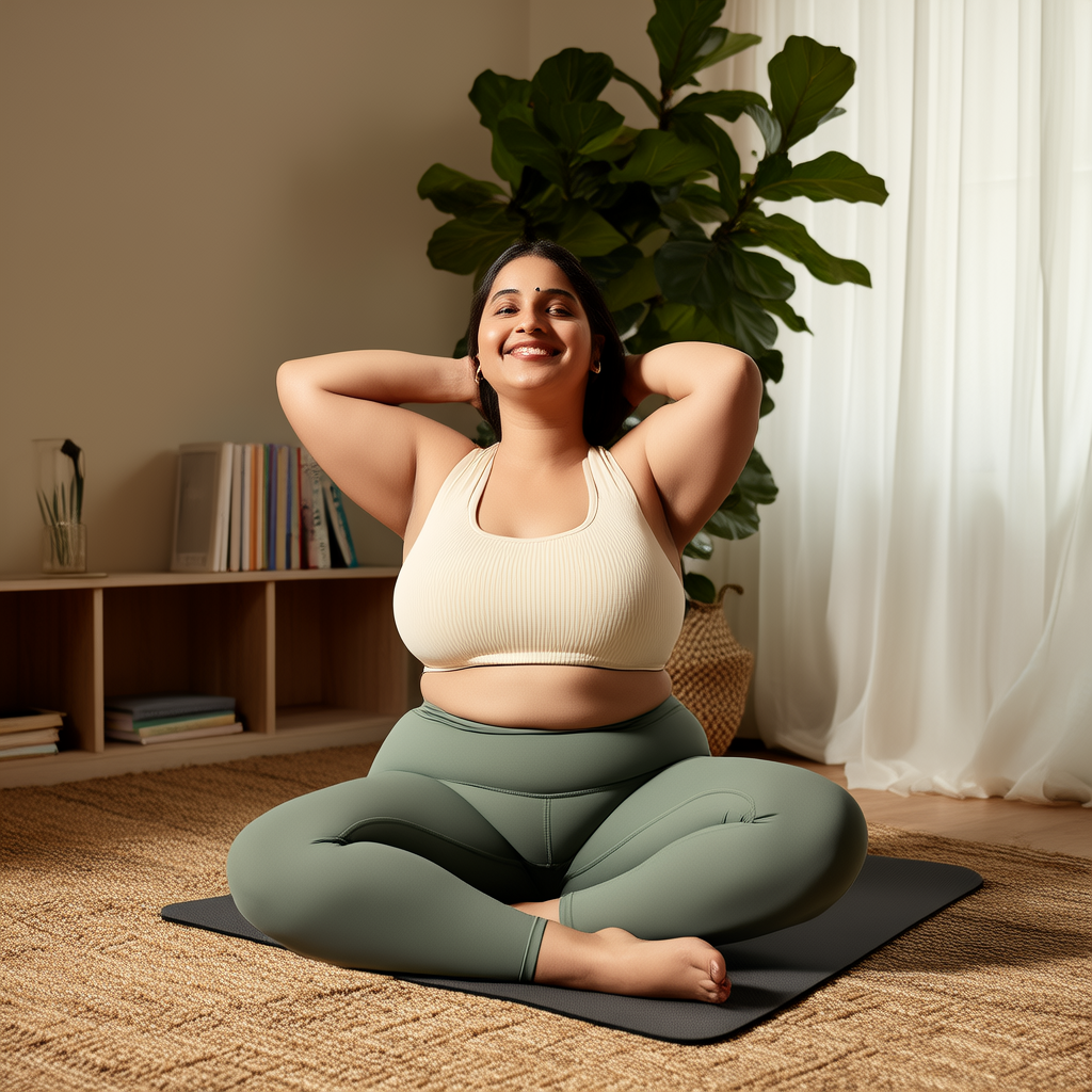 Overweight woman sitting on an exercise mat in her living room, smiling gently while doing a seated mobility stretch