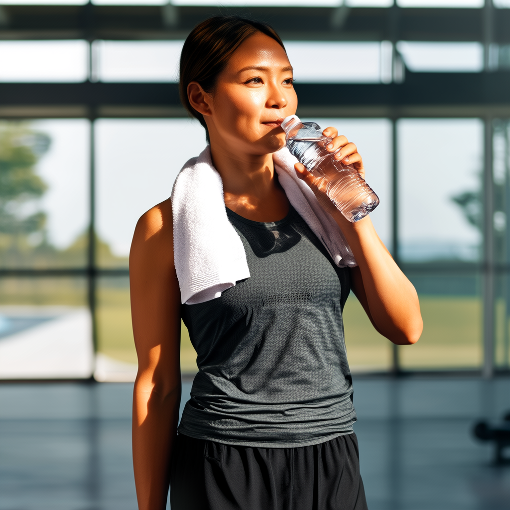 A gym-goer drinking water from a reusable bottle after a workout