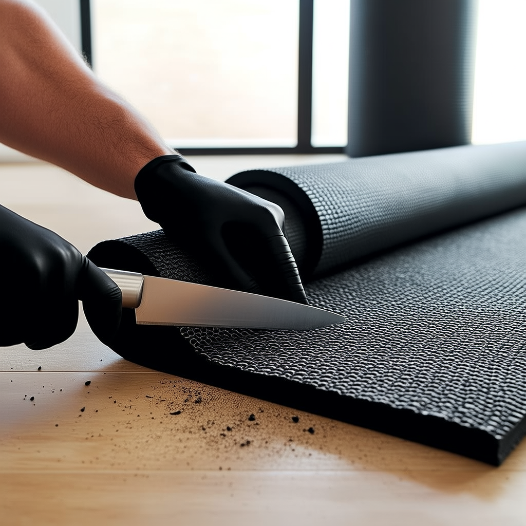 Person cutting a rubber gym mat with a utility knife and straightedge