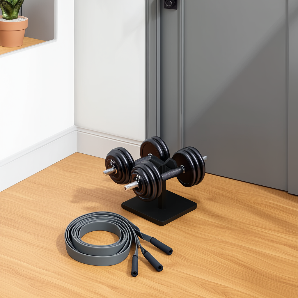 Adjustable dumbbells and resistance bands arranged on a small stand by a wall