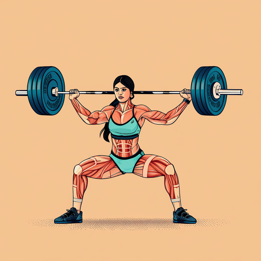 Illustration showing female muscle anatomy during a barbell squat