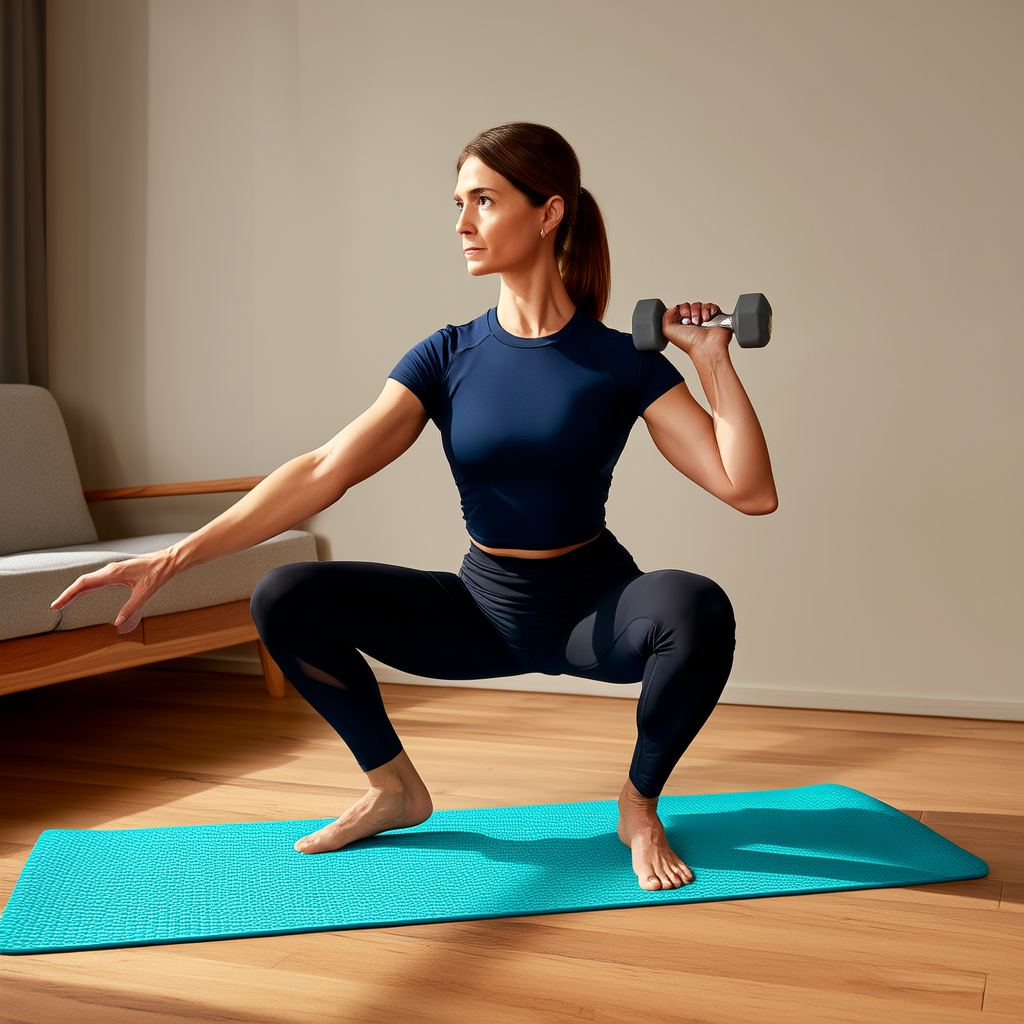 Woman over 40 performing a goblet squat with a dumbbell at home