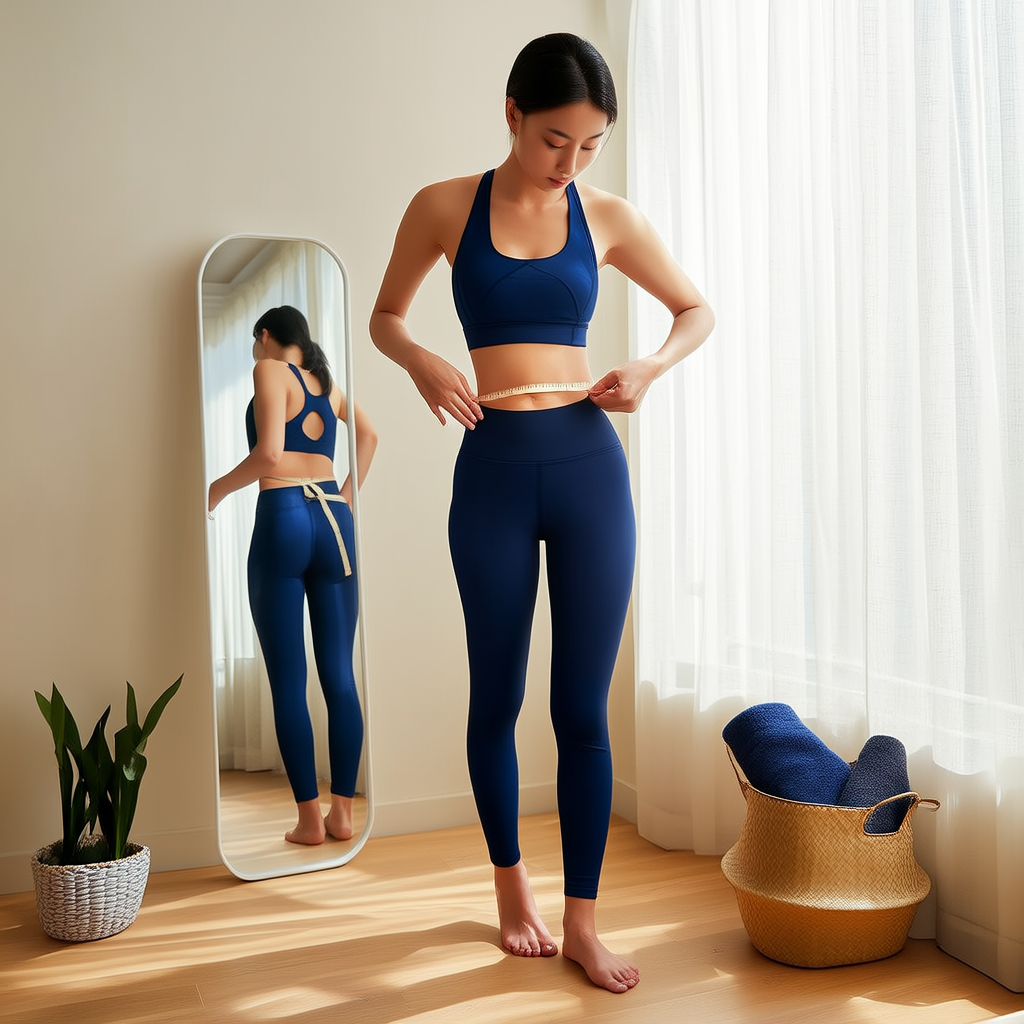 Person measuring waist with a flexible tape measure in front of a mirror