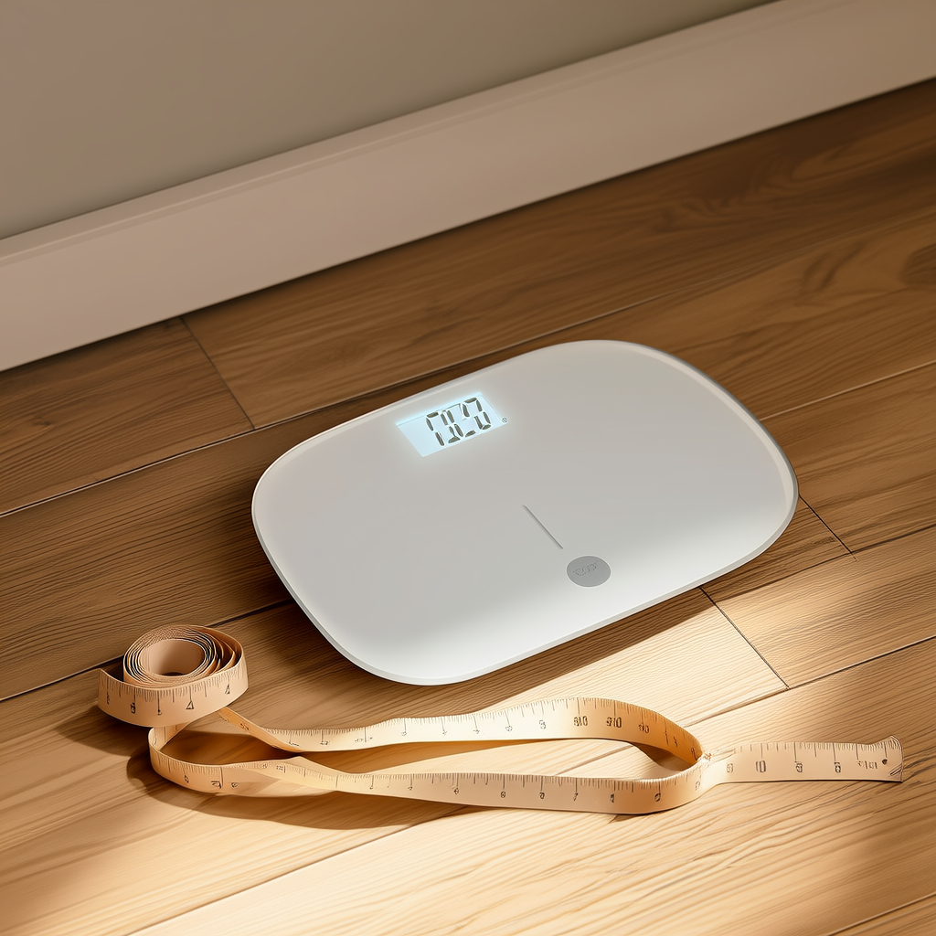 Bathroom scale next to a flexible tape measure on a wooden floor