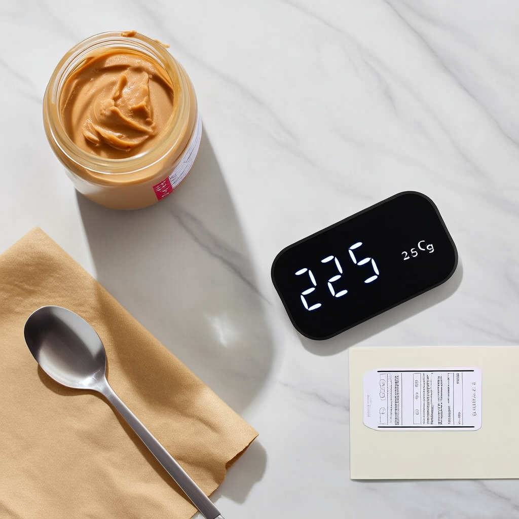 A digital kitchen scale weighing peanut butter next to a jar and a nutrition label